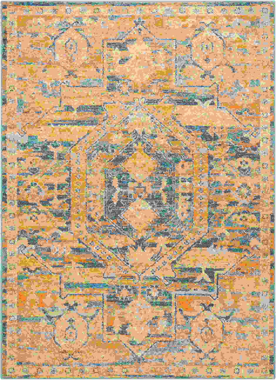 5 x 7 Gold and Blue Antique Area Rug
