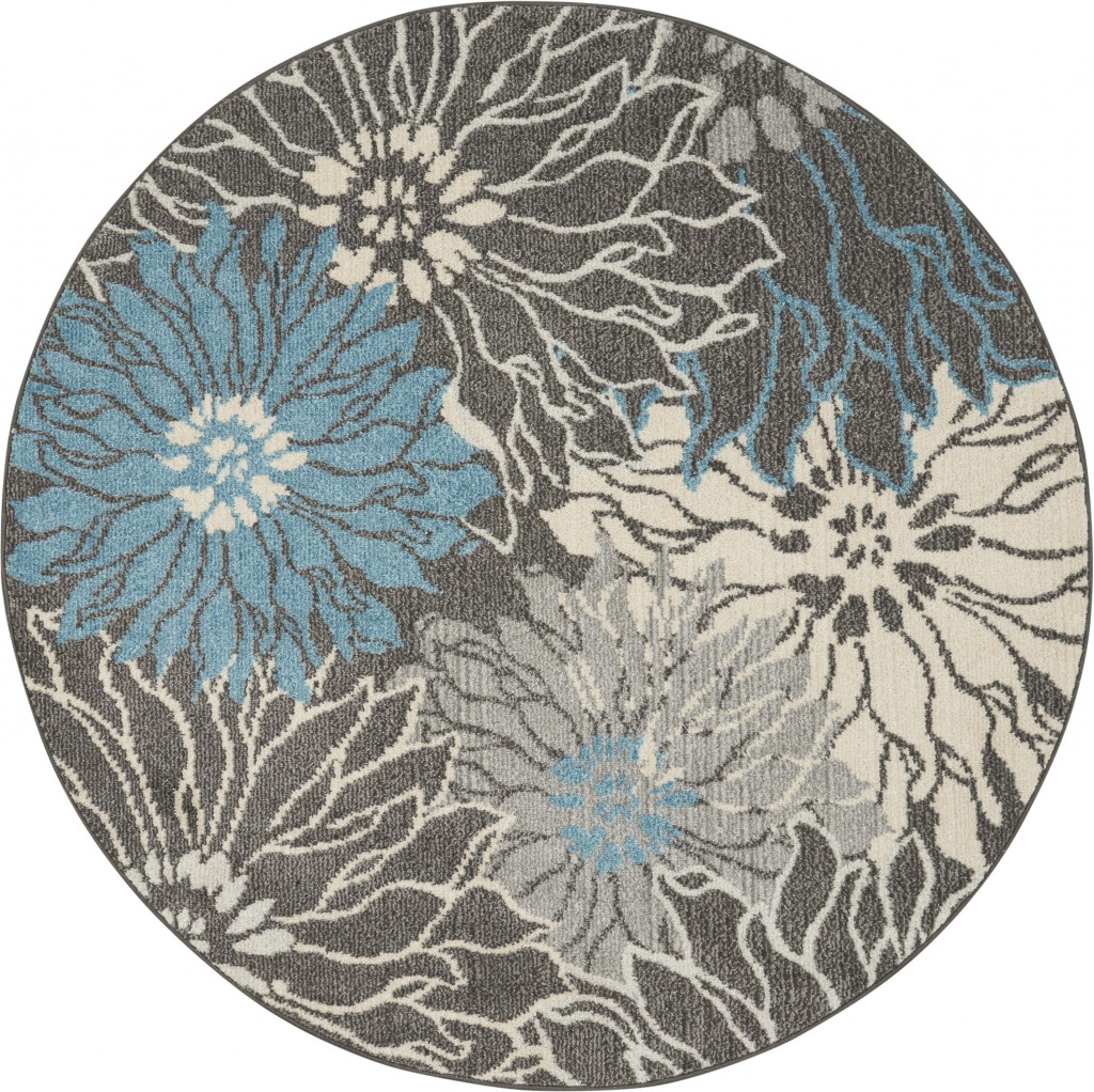 4 Round Charcoal and Blue Big Flower Area Rug