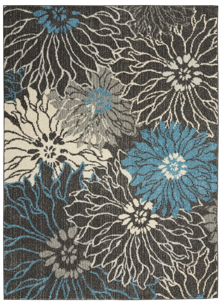 5 x 7 Charcoal and Blue Big Flower Area Rug