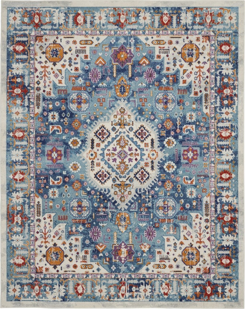 8 x 10 Ivory and Blue Floral Motifs Area Rug