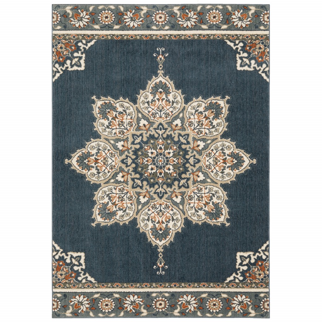 10 x 13 Blue and Beige Floral Medallion Indoor Area Rug