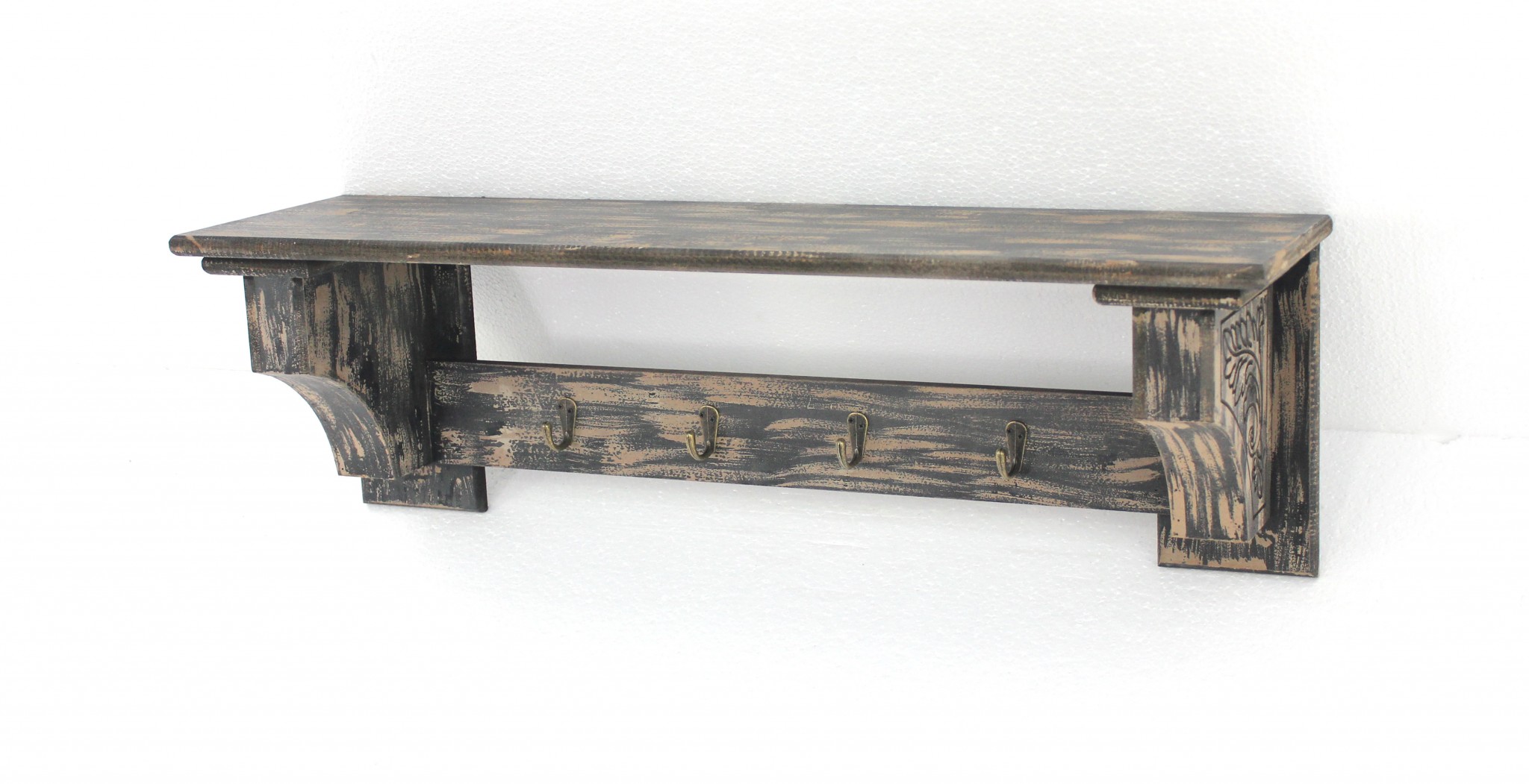 8" x 30" x 9.75" Black Vintage Wooden 4 Metal Hooks - Wall Shelf