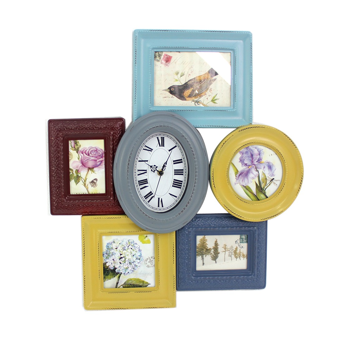 1.77" x 21.65" x 23.43" Multi-Color Vintage Wood Photo Frame & Clock - Wall Decor