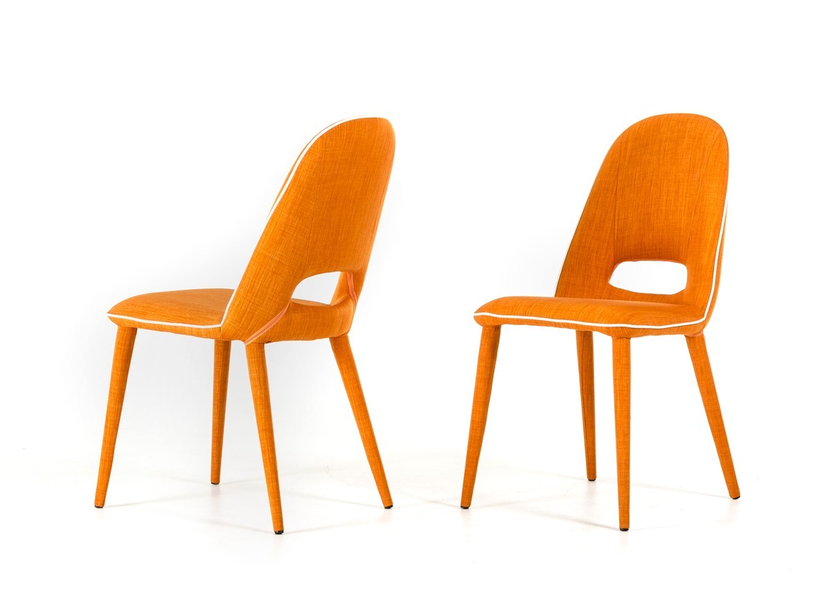Set of 2 Modern Arch Orange Fabric with White Piping Dining Chairs