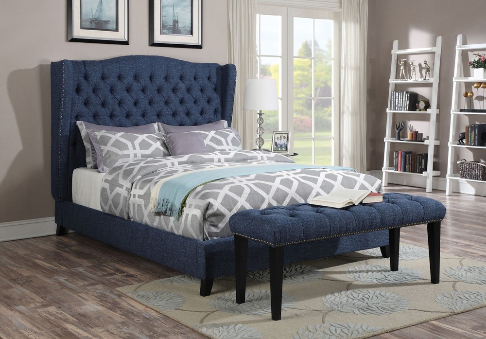 96" X 69" X 60" Queen Blue Linen Bed