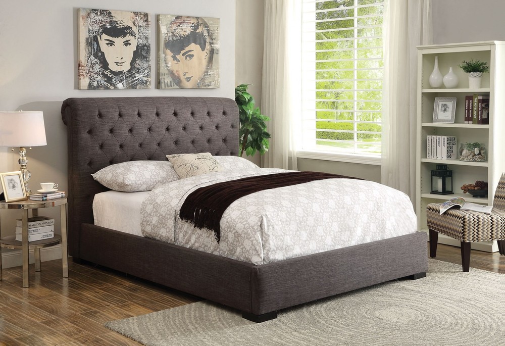 Queen Bed, Light Brown Linen - Fabric, Wood Frame Light Brown Linen
