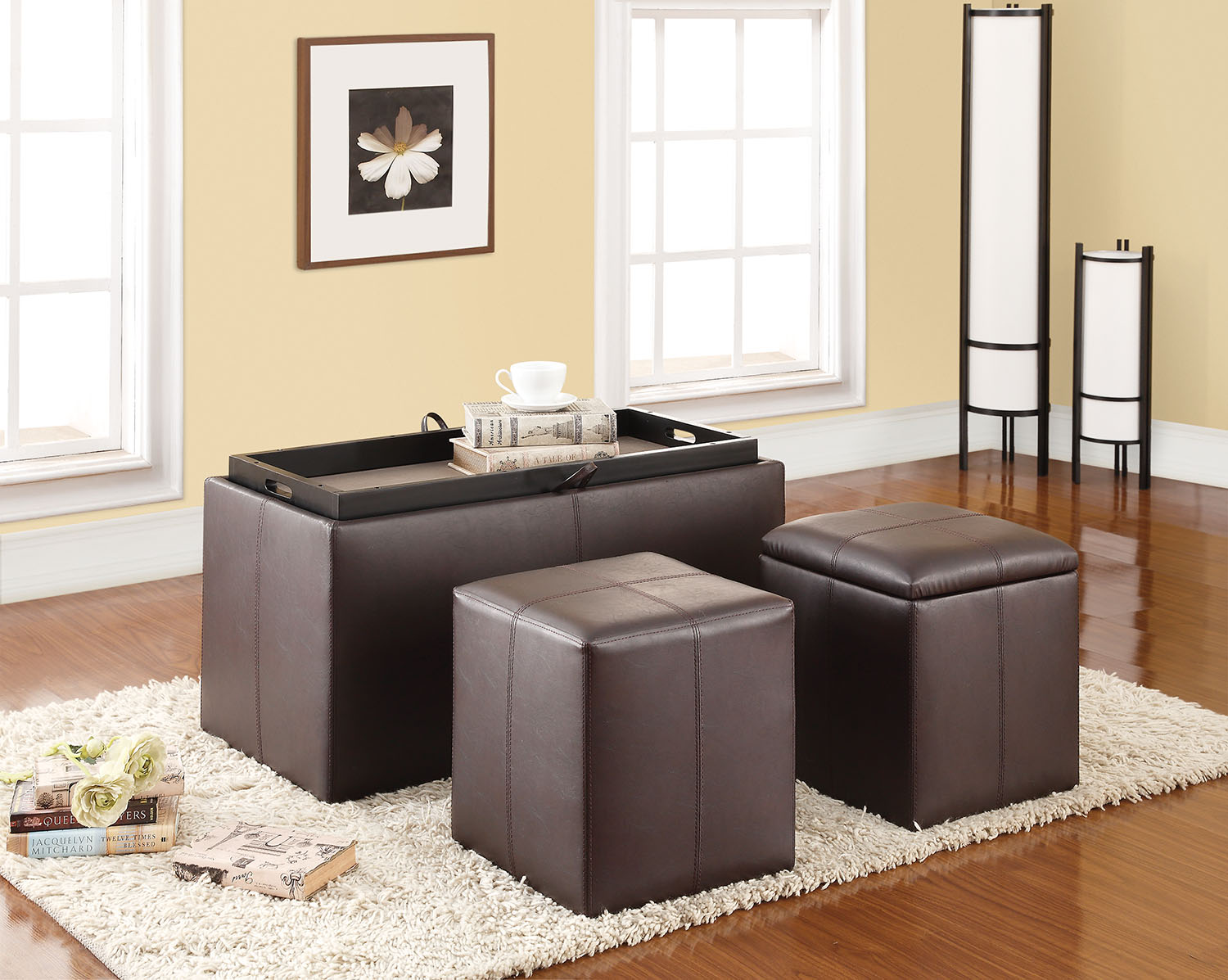 3Pc Pack Storage Bench & 2 Ottomans, Espresso PU - PU Espresso PU