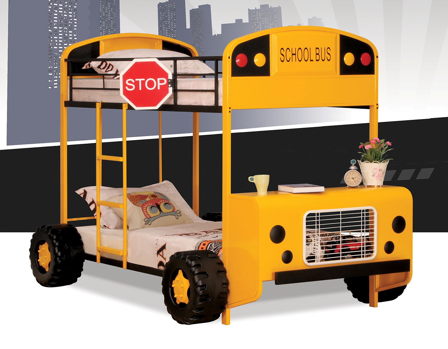 Twin/Twin Bunk Bed, Yellow & Black School Bus - Metal Tube (Steel), MDF Yellow & Black School Bus