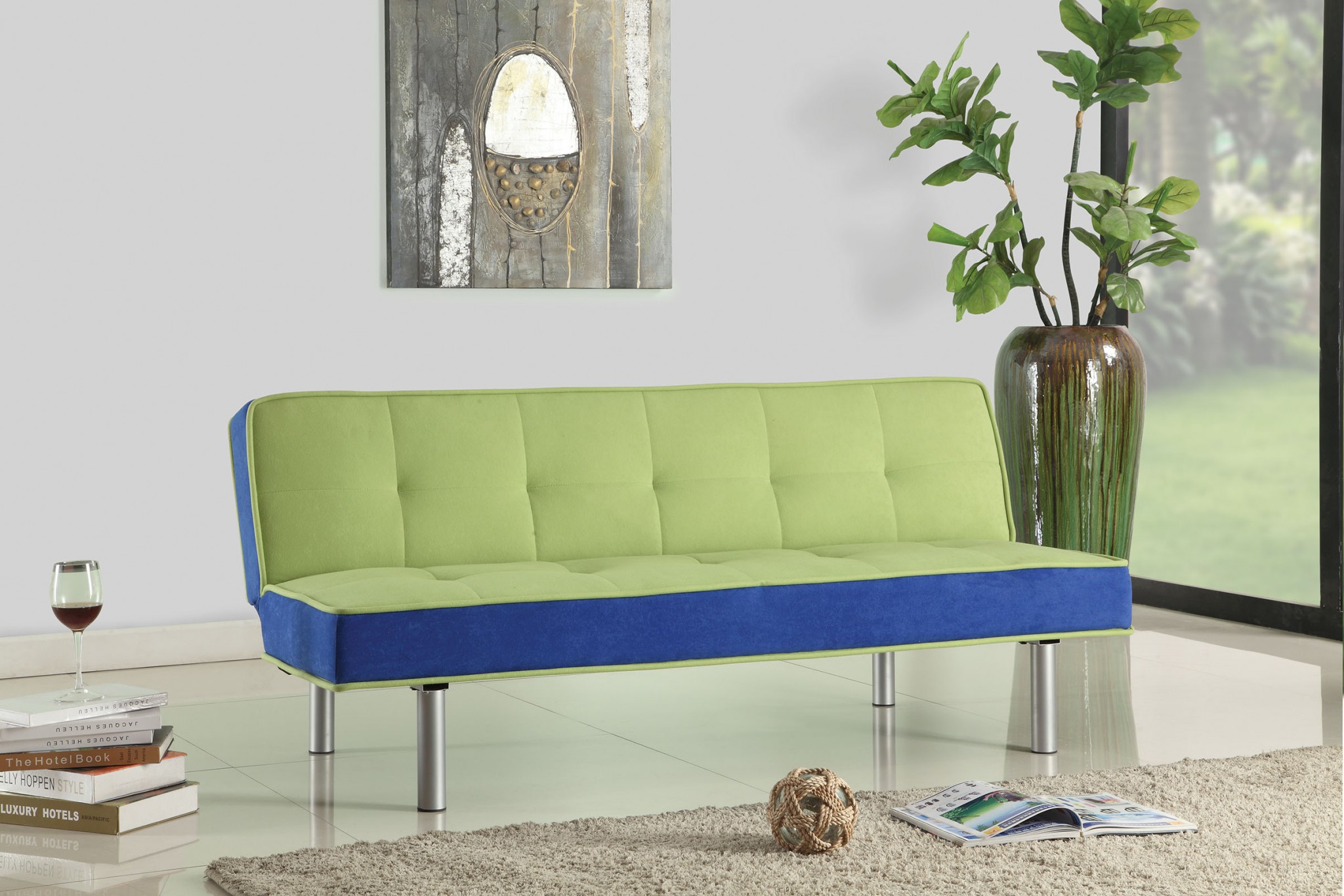 66" X 18" X 29" Green And Blue Flannel Adjustable Couch