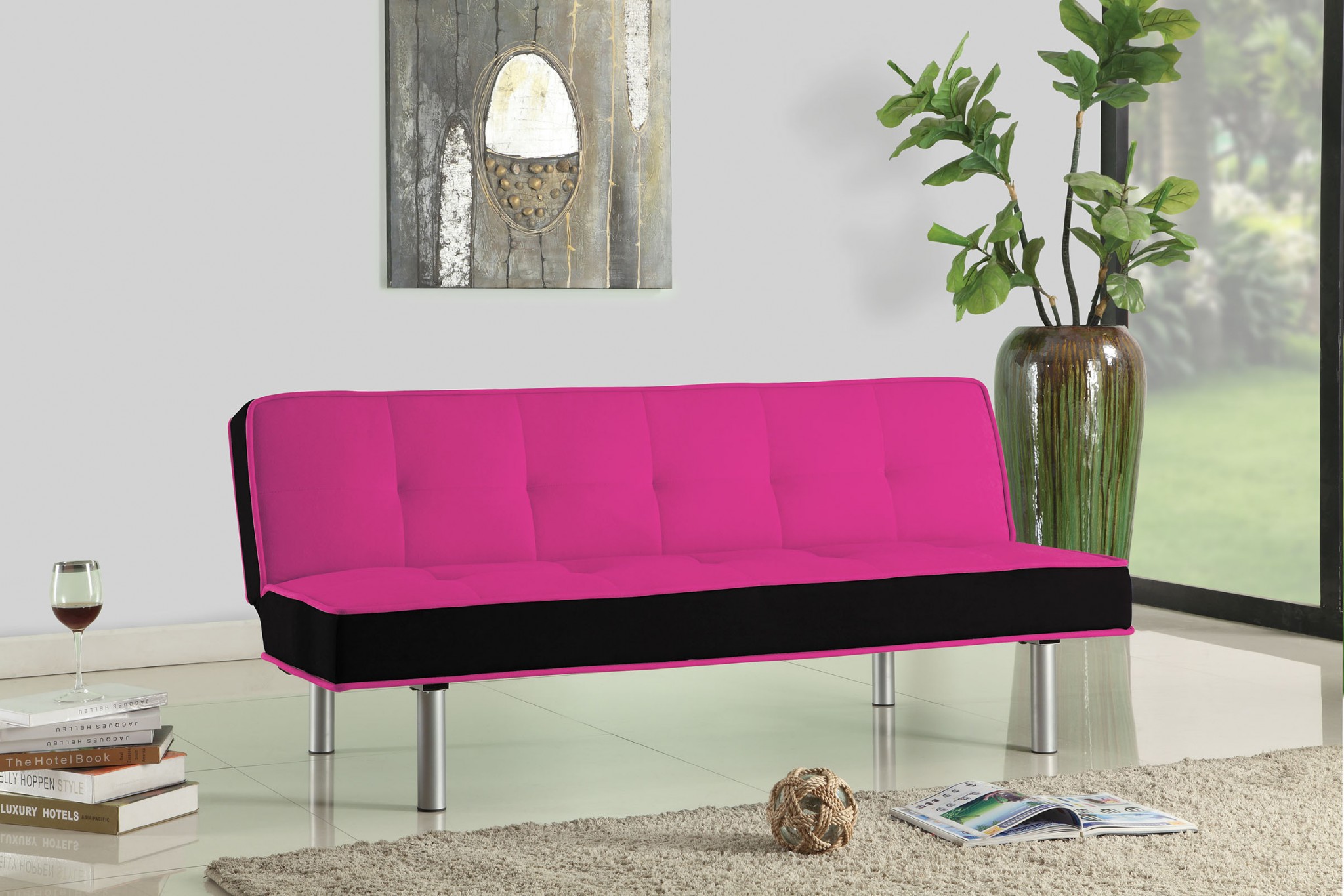 66" X 18" X 29" Magenta And Black Flannel Adjustable Couch