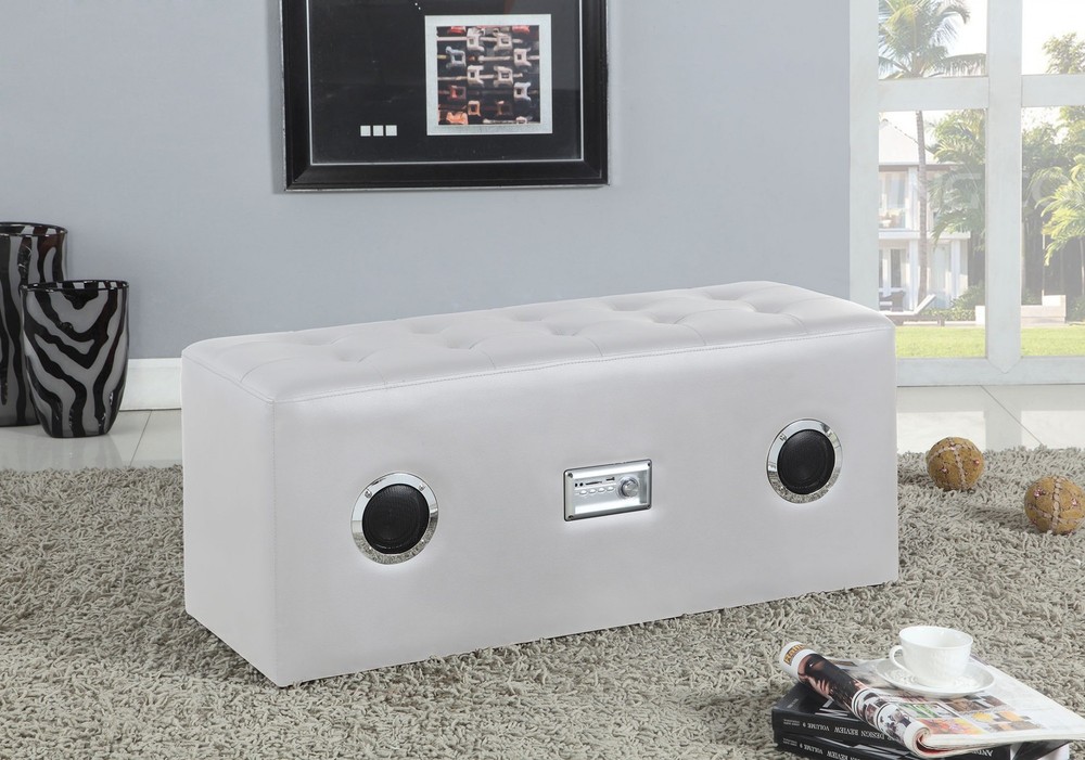 38" X 15" X 17" White Pu Lounge Bench With Bluetooth Speaker