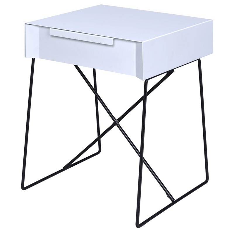 White Modern Metal End Table with Drawer