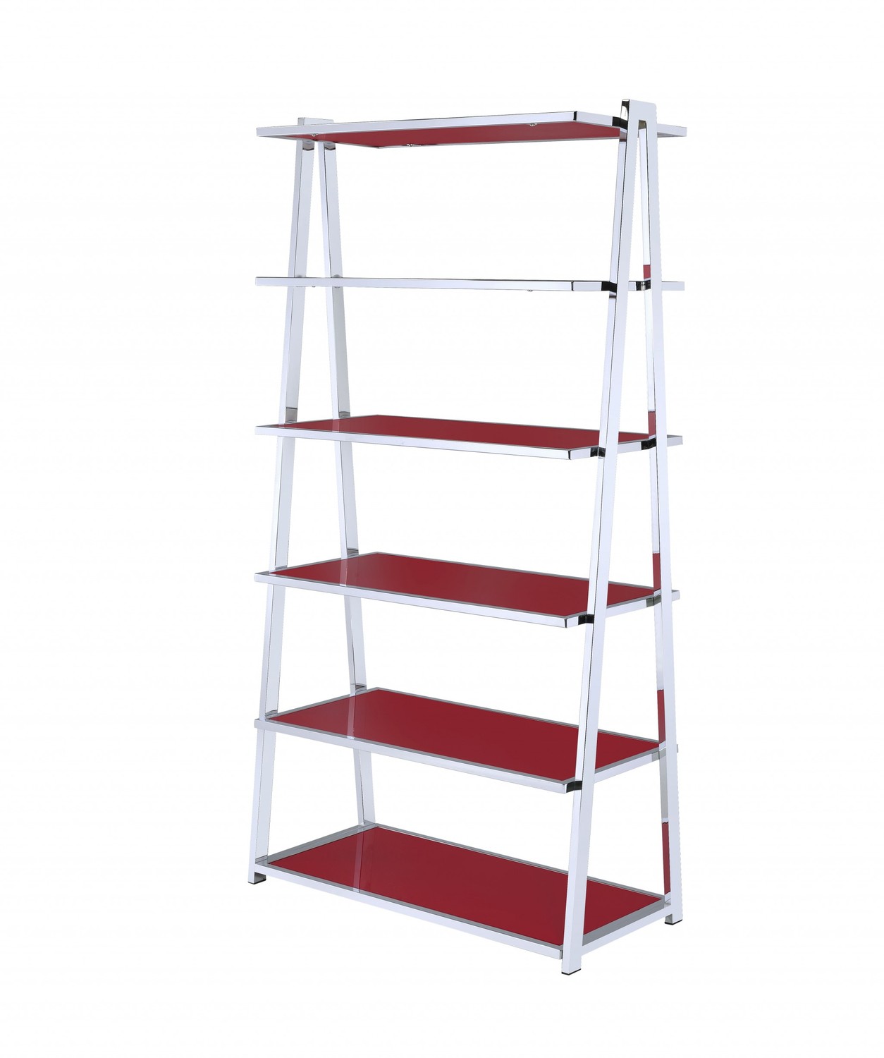 36" X 16" X 71" Red High Gloss And Chrome Bookcase