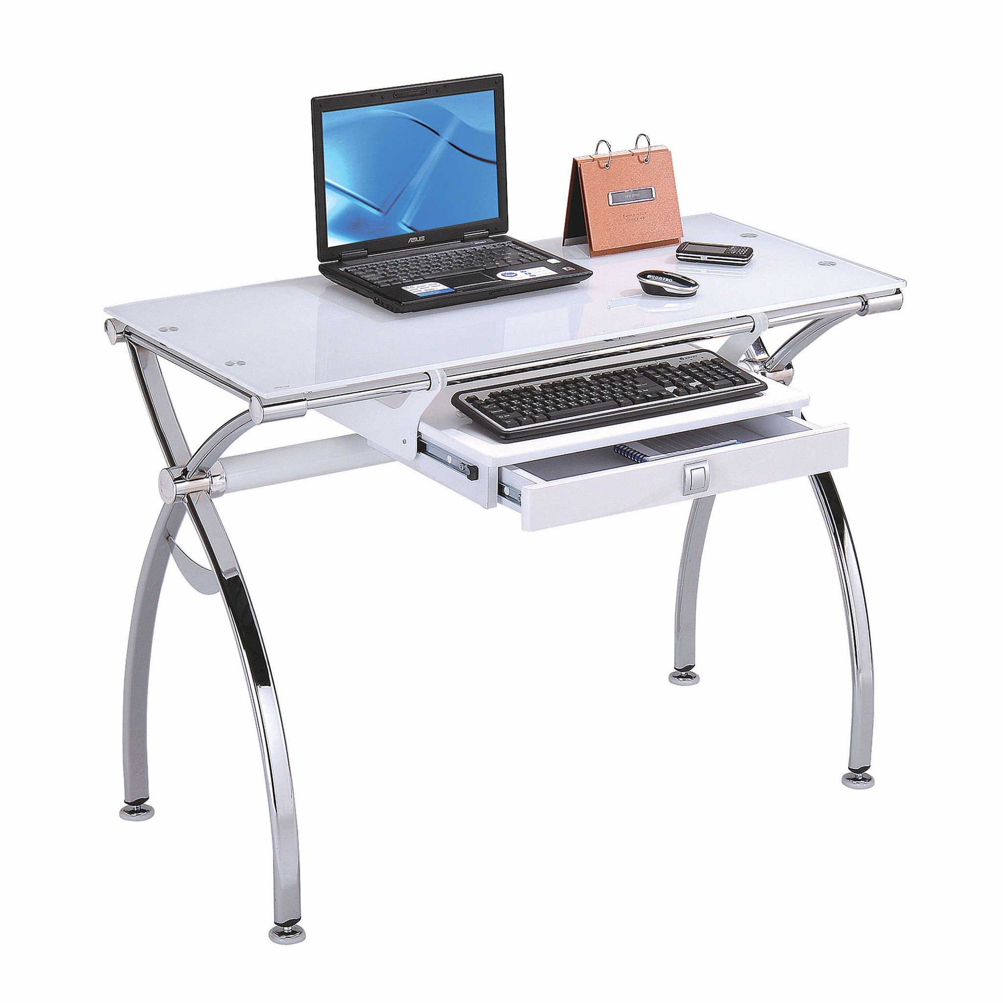 31" X 20" X 43" Metal, Glass, Wood, and Engineered Wood Computer Desk, Chrome & White Glass