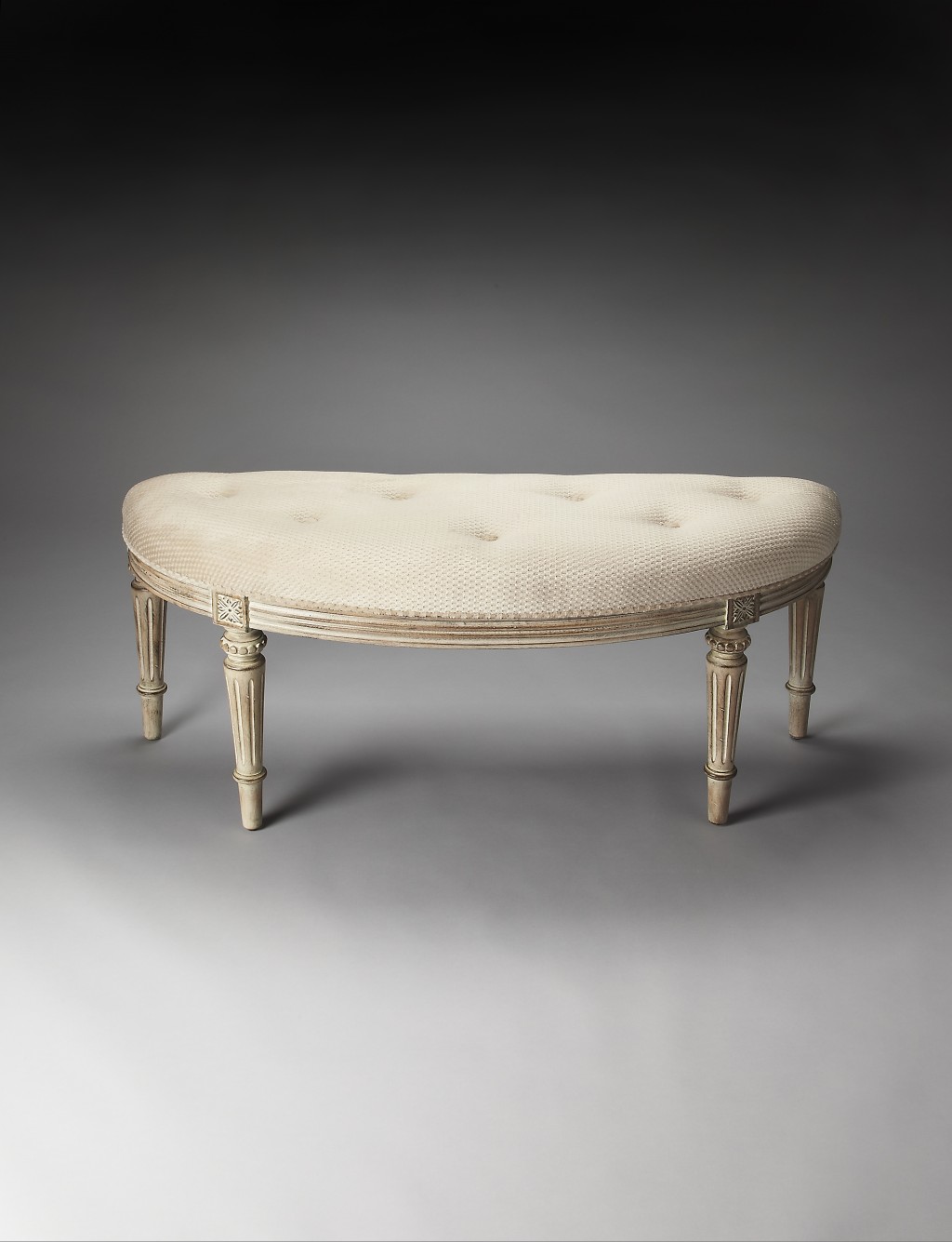 Classic Ivory and Golden White Wash Crescent Shaped Bench