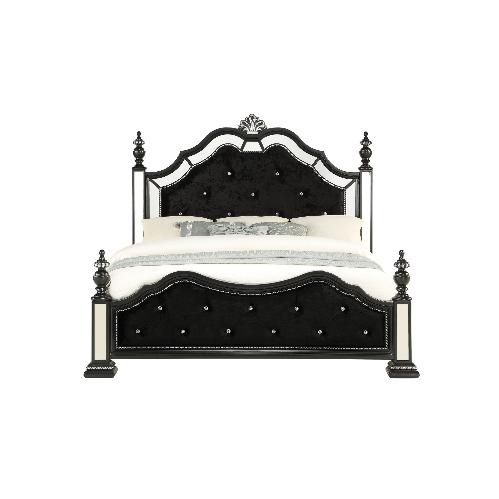 Black Felt finish King Bed with crystal mirrored embellished