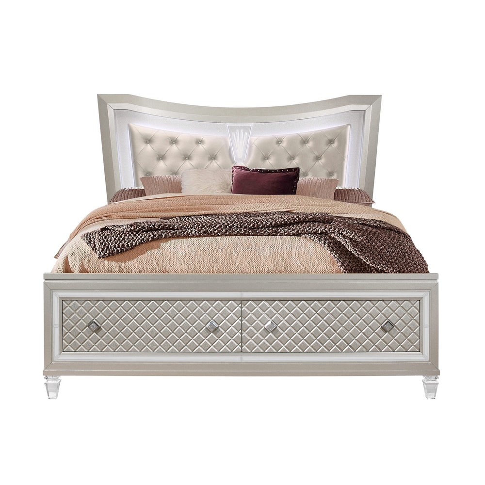 Champagne tone Queen Bed with padded headboard LED lightning 2 drawer