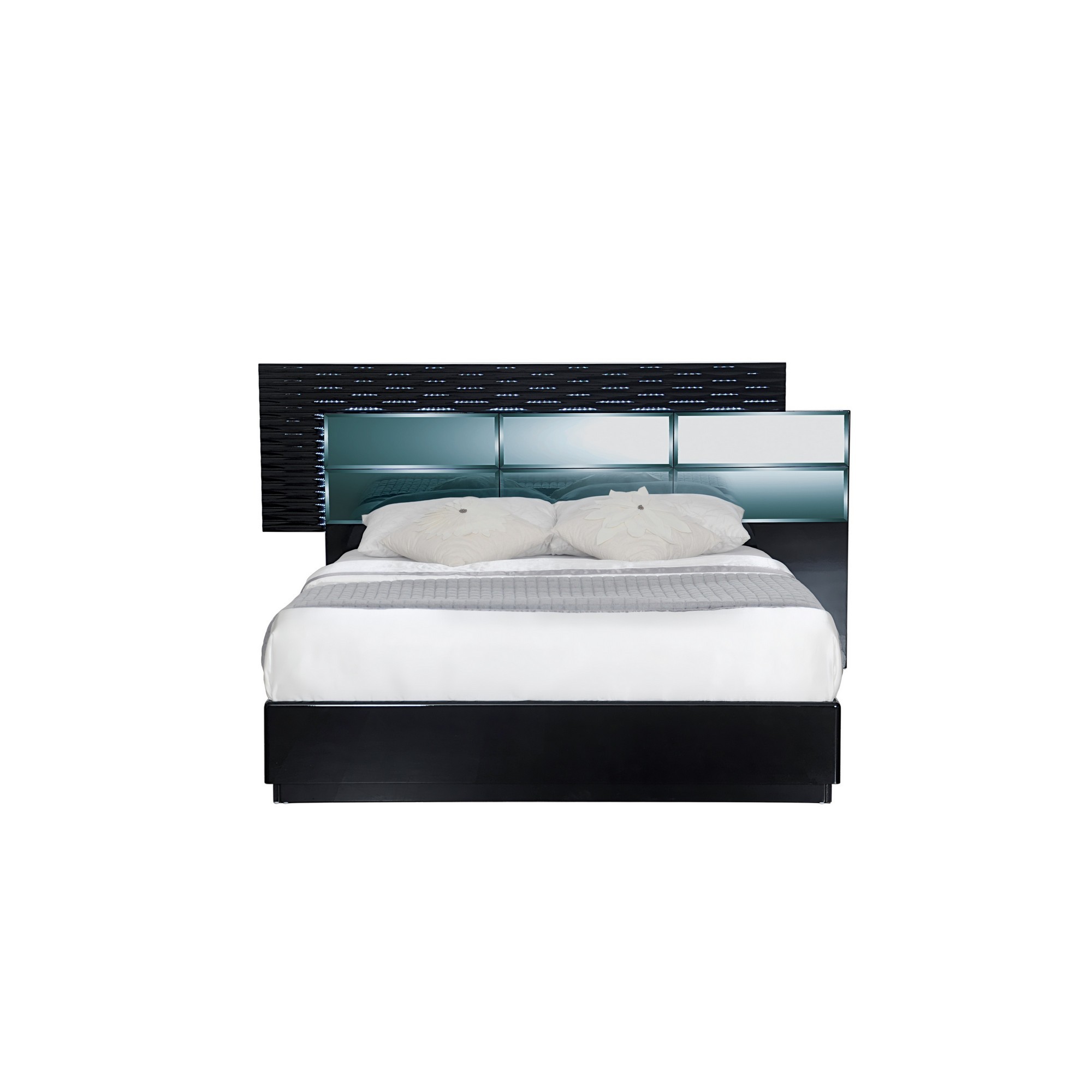 Modern Black King Bed with Headboard LED lightning Smoked Mirrored Panels