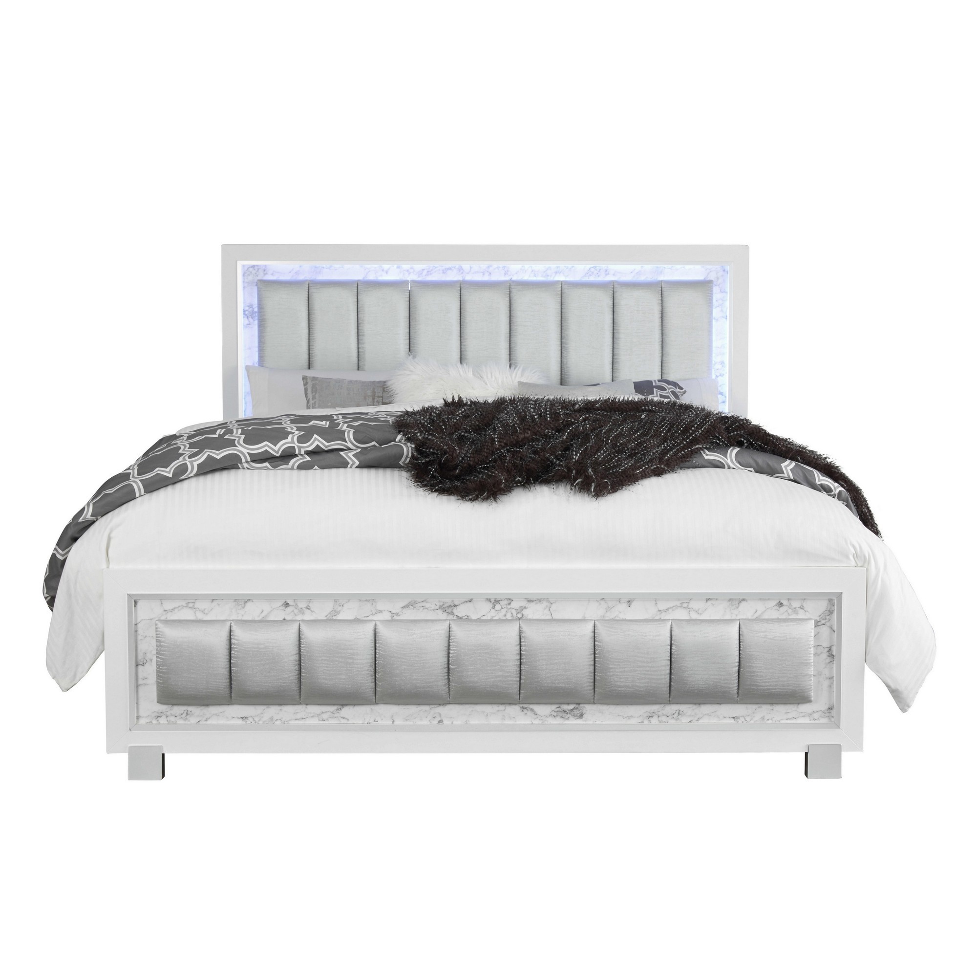 Modern Luxurious White Full Bed with Padded Headboard LED Lightning