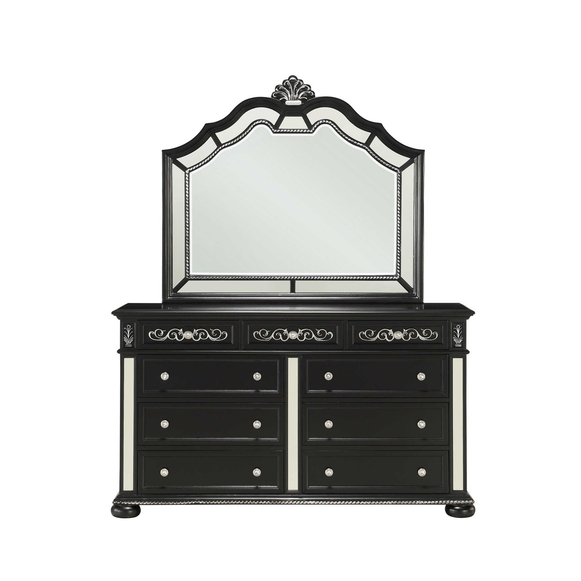 Black Jewel Heirloom Appearance Dresser with Intricate Carvings Mirrored Accents 9 Drawer