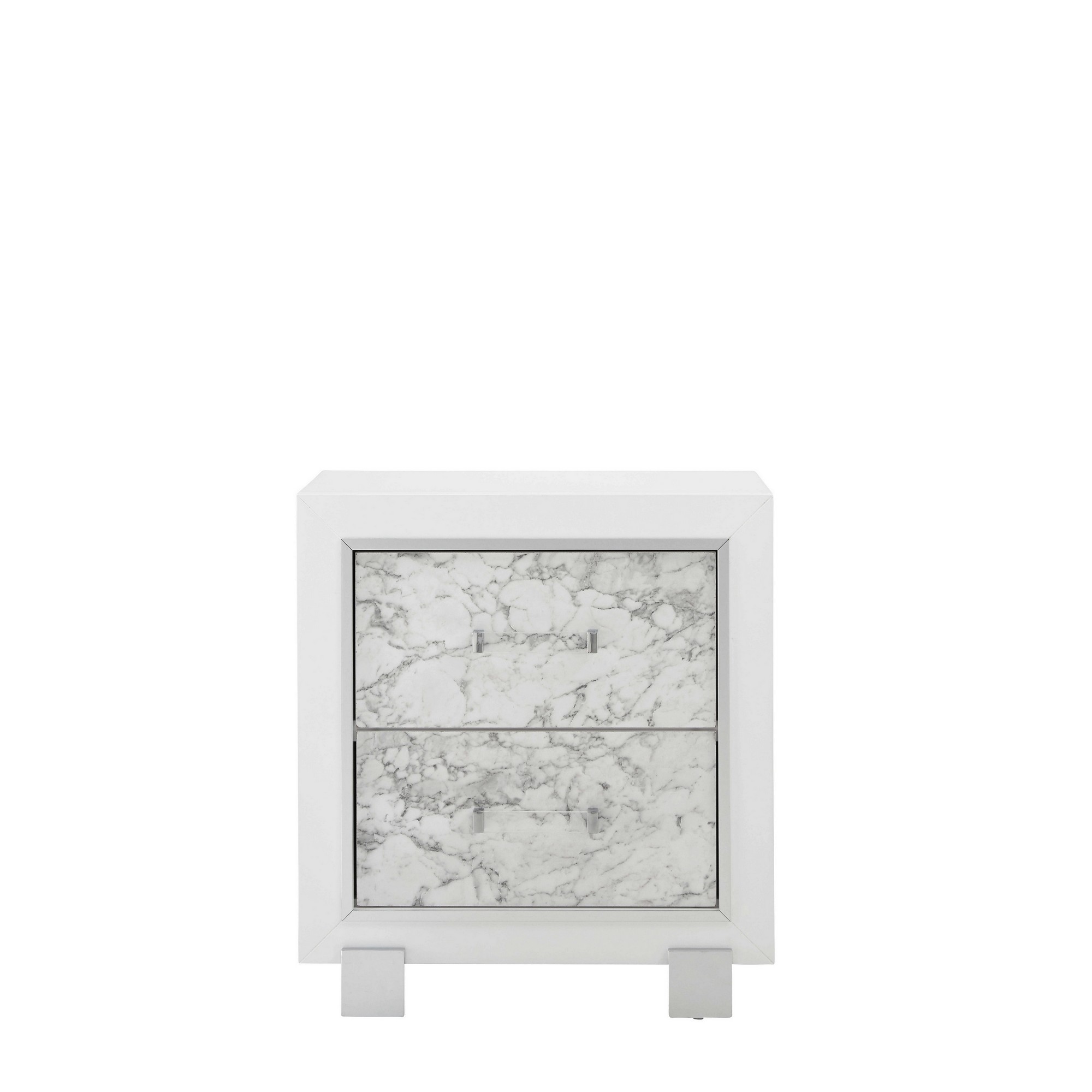 Modern White Nightstand with 2 Faux Marble Detailed Front Drawer