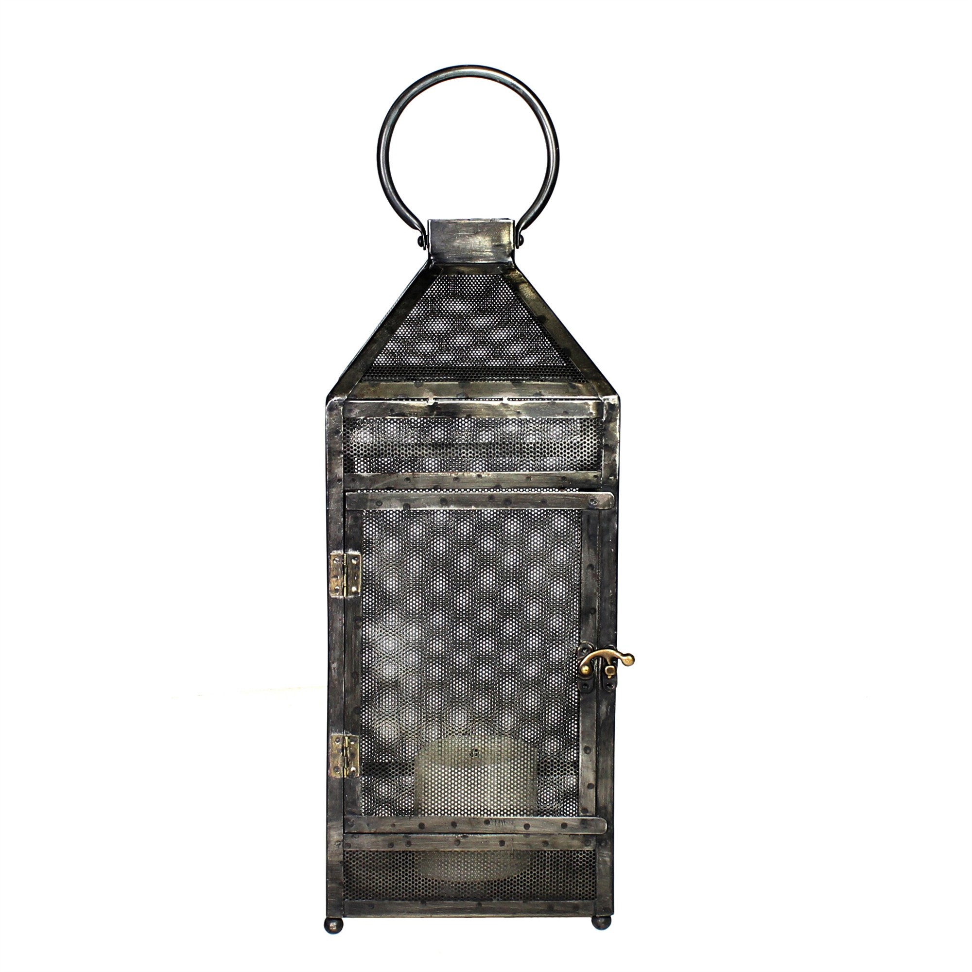 Rustic Industrial Gray Mesh and Metal Lantern