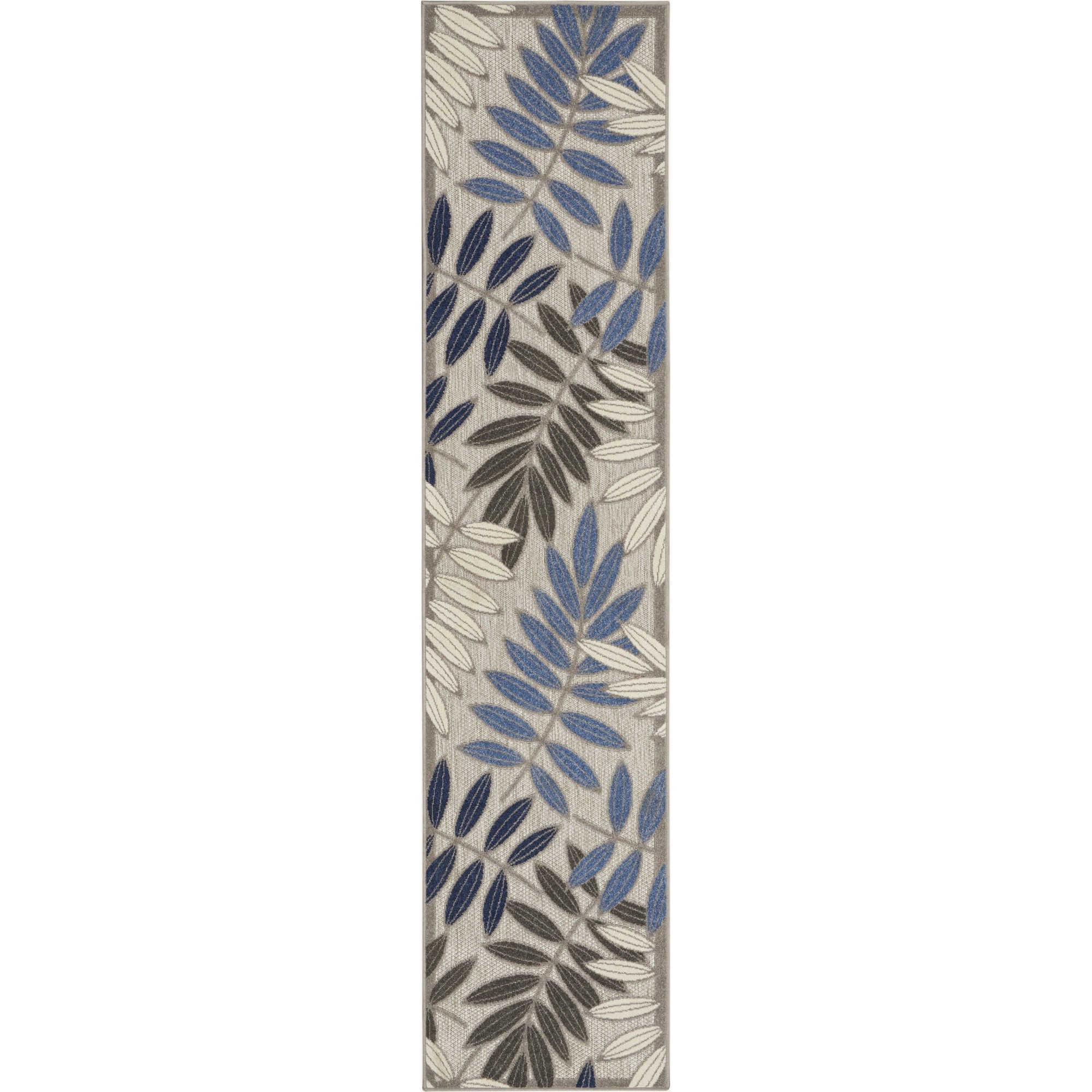 2 x 8 Gray and Blue Leaves Indoor Outdoor Runner Rug