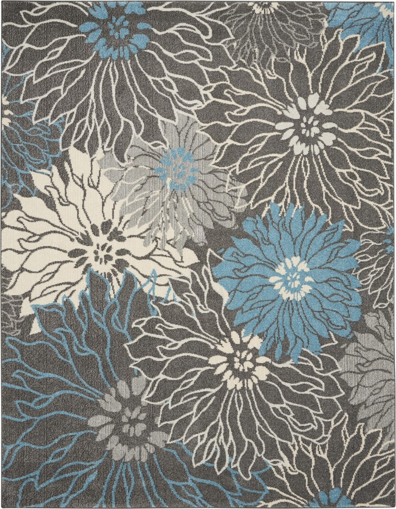 8 x 10 Charcoal and Blue Big Flower Area Rug