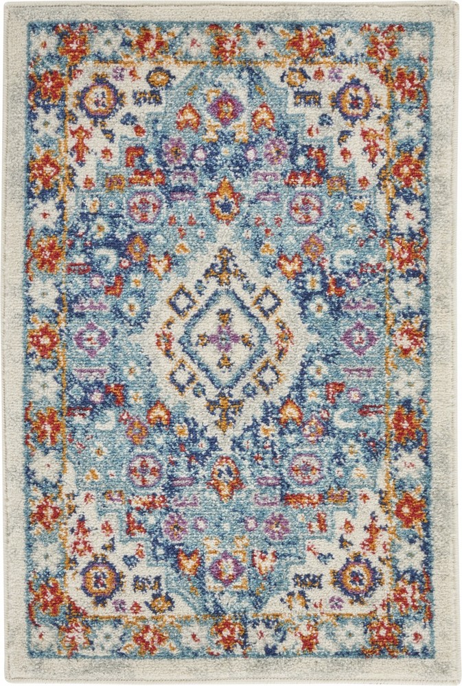 2 x 3 Ivory and Blue Floral Motifs Scatter Rug