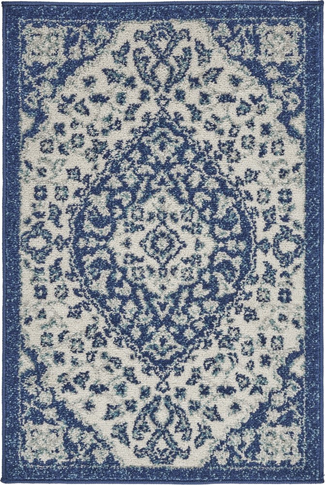 2 x 3 Ivory and Blue Medallion Scatter Rug
