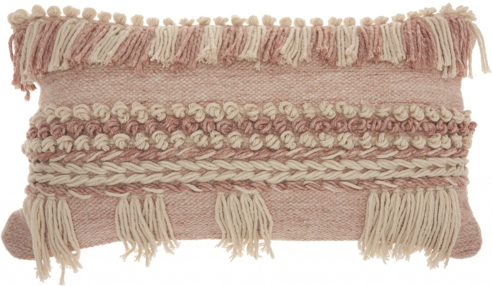 Tea Pink and White Macrame Lumbar Pillow