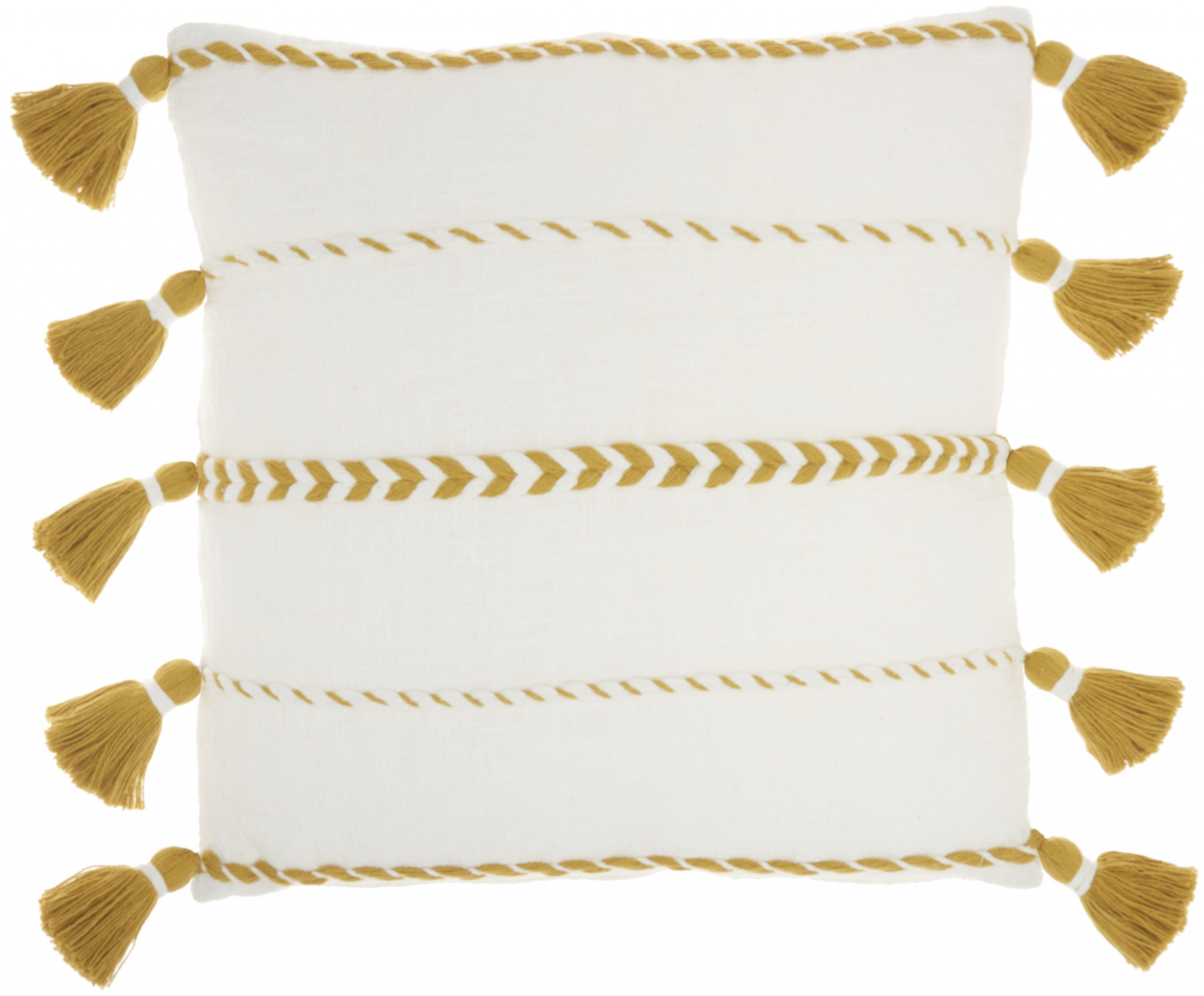 Bohemian White Cotton Accent Pillow with Mustard Tassel Details