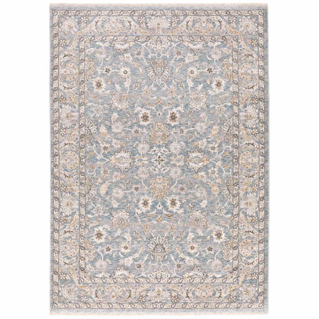9' x 12' Blue Ivory Machine Woven Floral Oriental Indoor Area Rug