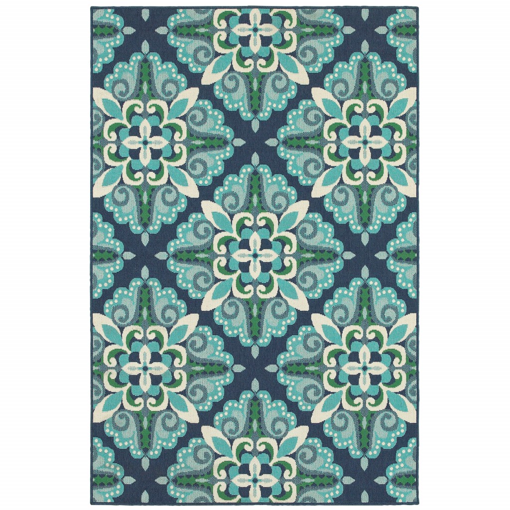 7x10 Blue and Green Floral Indoor Outdoor Area Rug