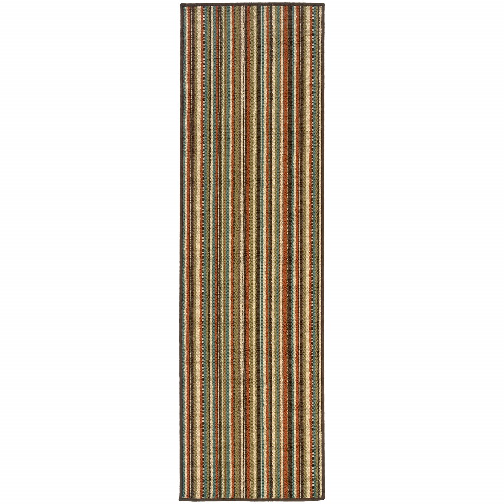 2x8 Green and Brown Striped Indoor Outdoor Runner Rug
