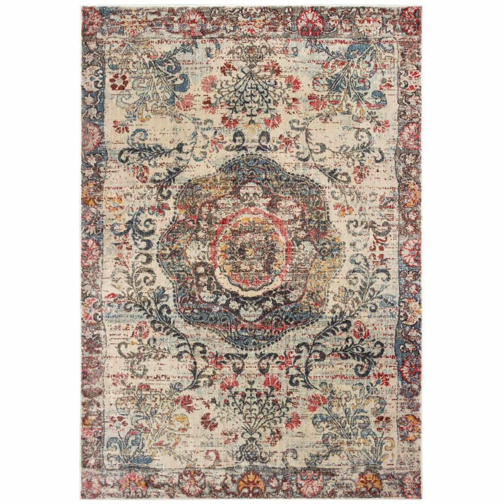 10x13 Ivory Distressed Medallion Area Rug