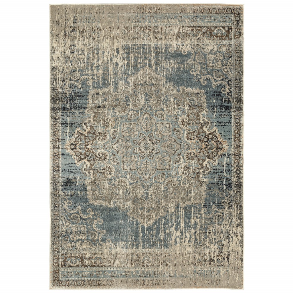 5x8 Blue and Ivory Medallion Area Rug