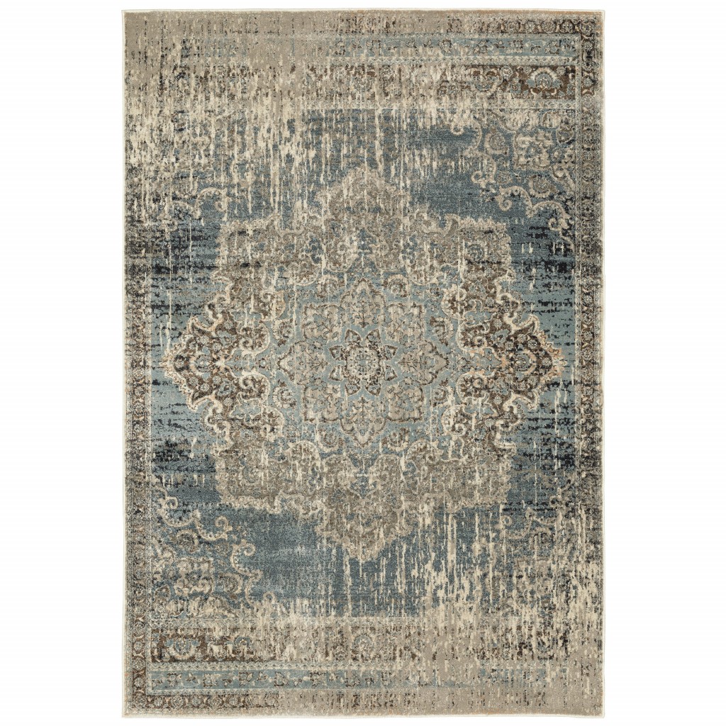 8x11 Blue and Ivory Medallion Area Rug