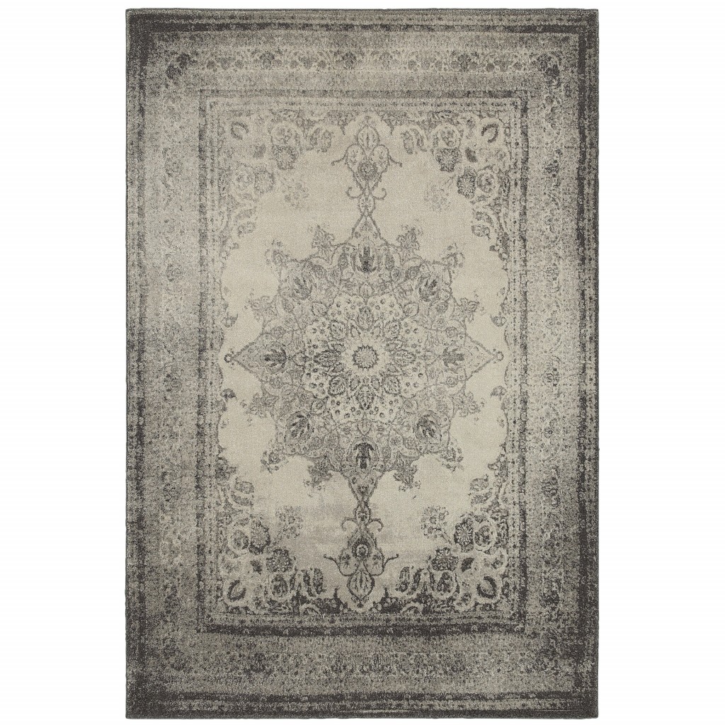 8x11 Ivory and Gray Pale Medallion Area Rug