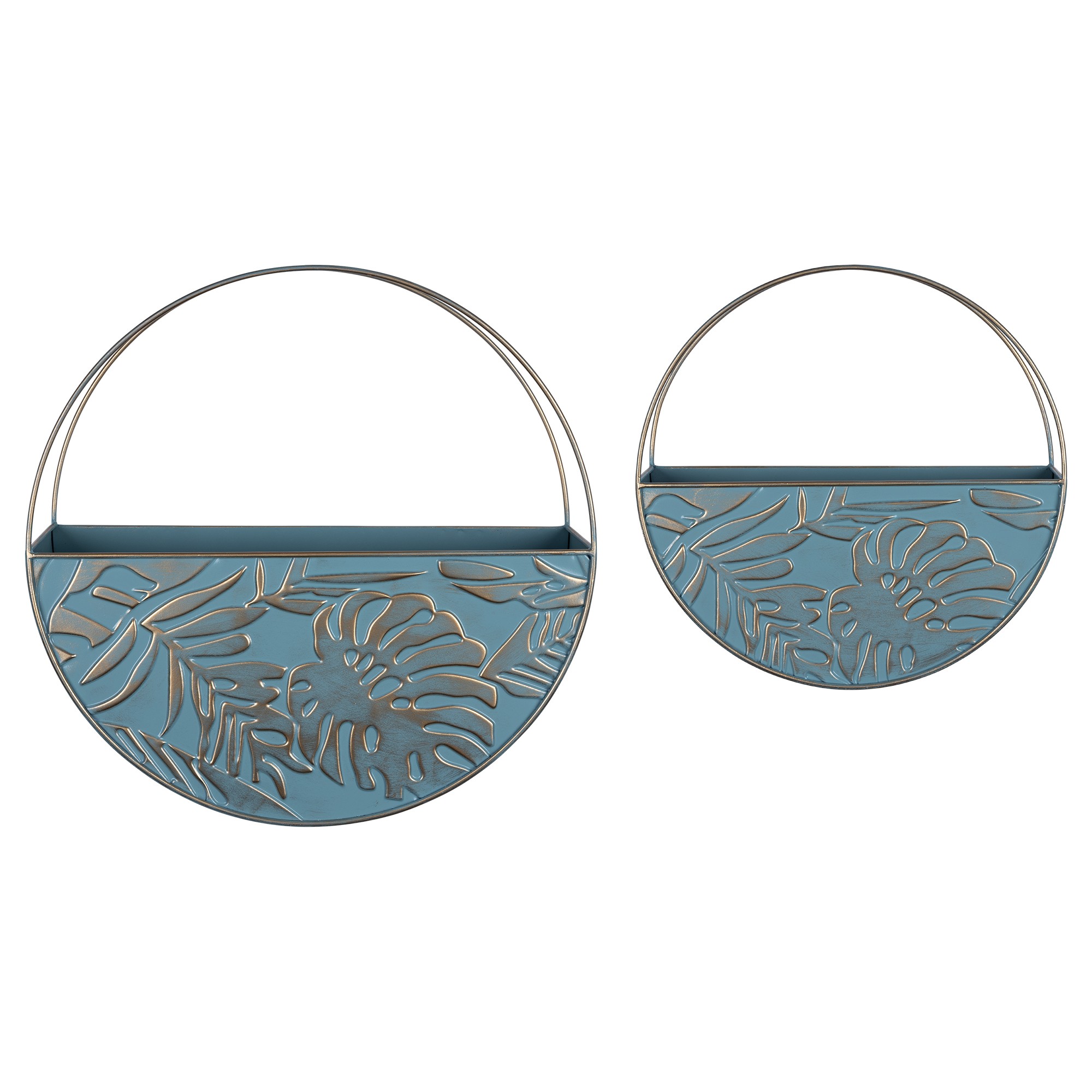 Set of Two Blue and Gold Leaf Pattern Wall Planters