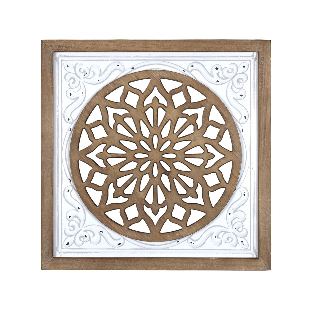 White Ethnic Wood and Metal Square Wall Plaque