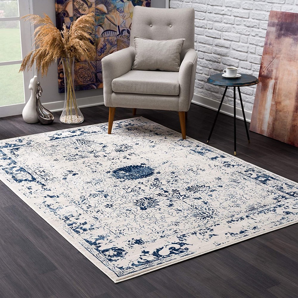 2 x 3 Navy Blue Distressed Floral Scatter Rug