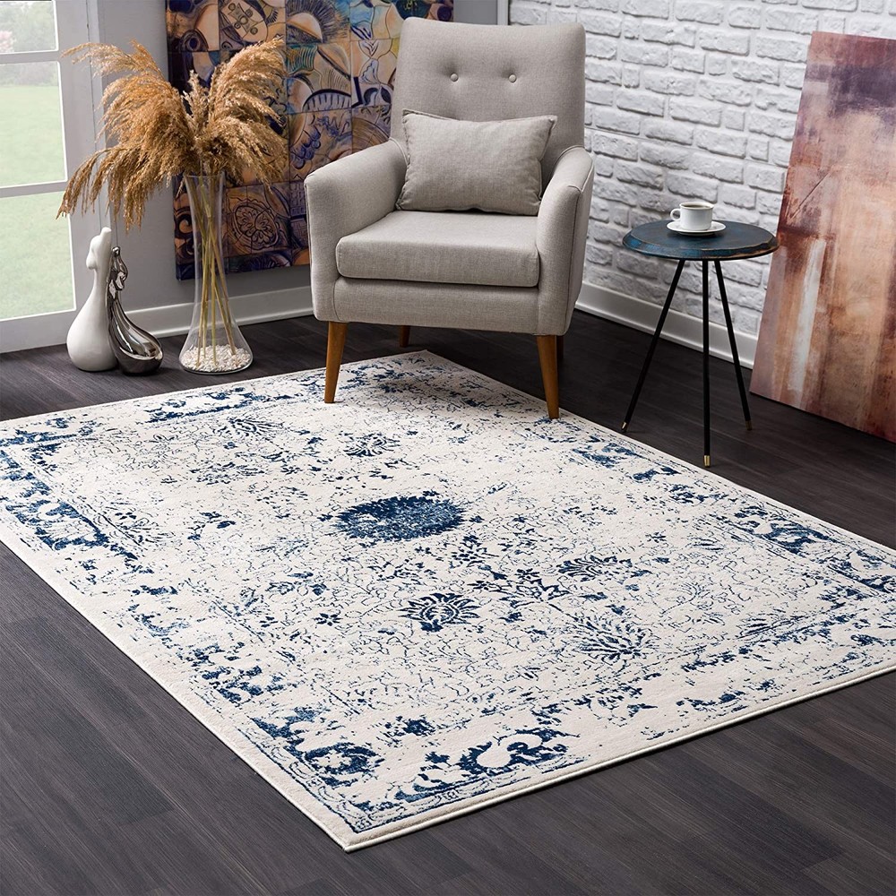 5 x 8 Navy Blue Distressed Floral Area Rug