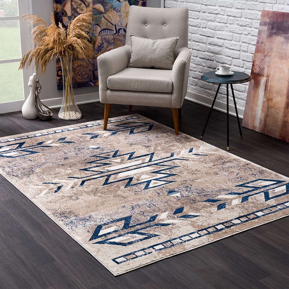 2 x 3 Beige and Blue Boho Chic Scatter Rug