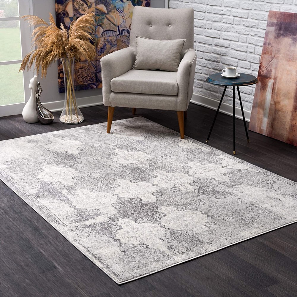 4 x 6 Gray Distressed Trellis Pattern Area Rug