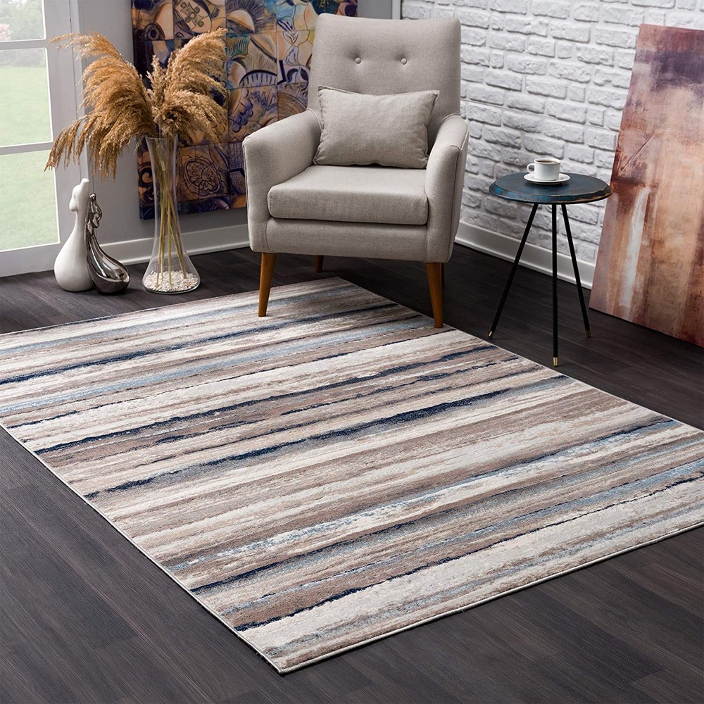 4 x 6 Blue and Beige Distressed Stripes Area Rug