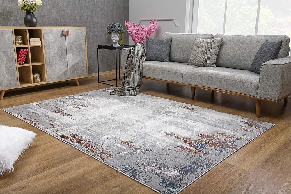 9 x 13 Gray and Ivory Modern Abstract Area Rug