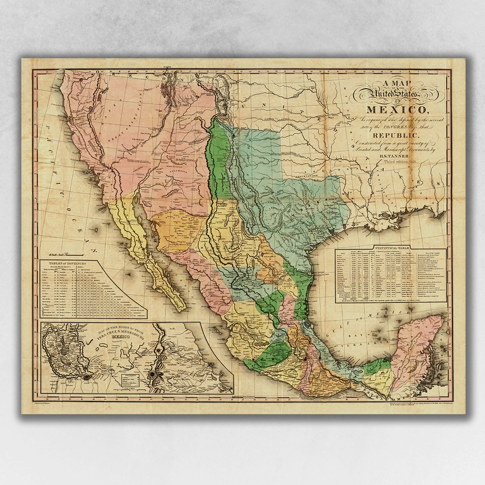 16" x 20" Vintage 1846 Map of Mexico Wall Art