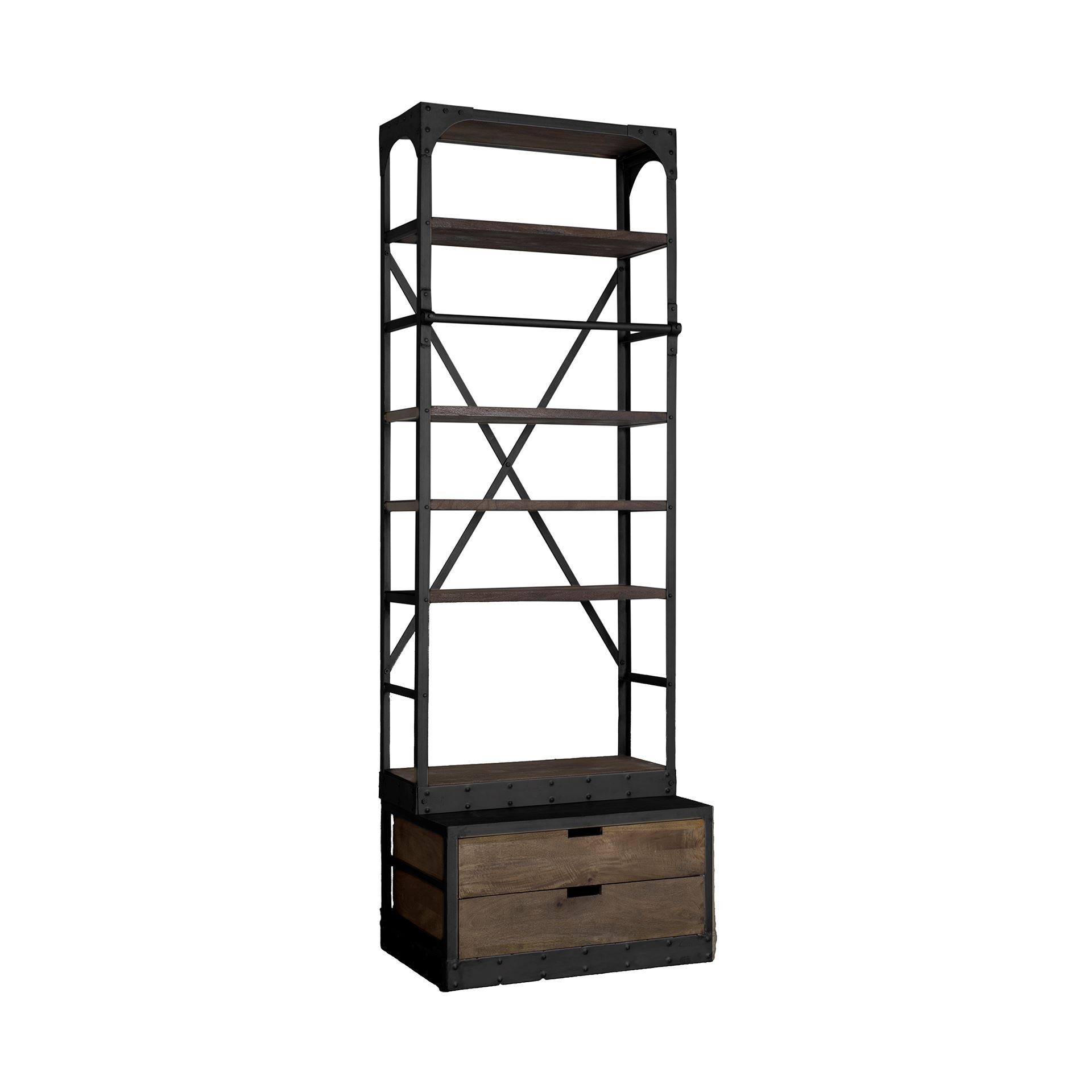 Black Metal Shelving Unit with Dark Brown Storage