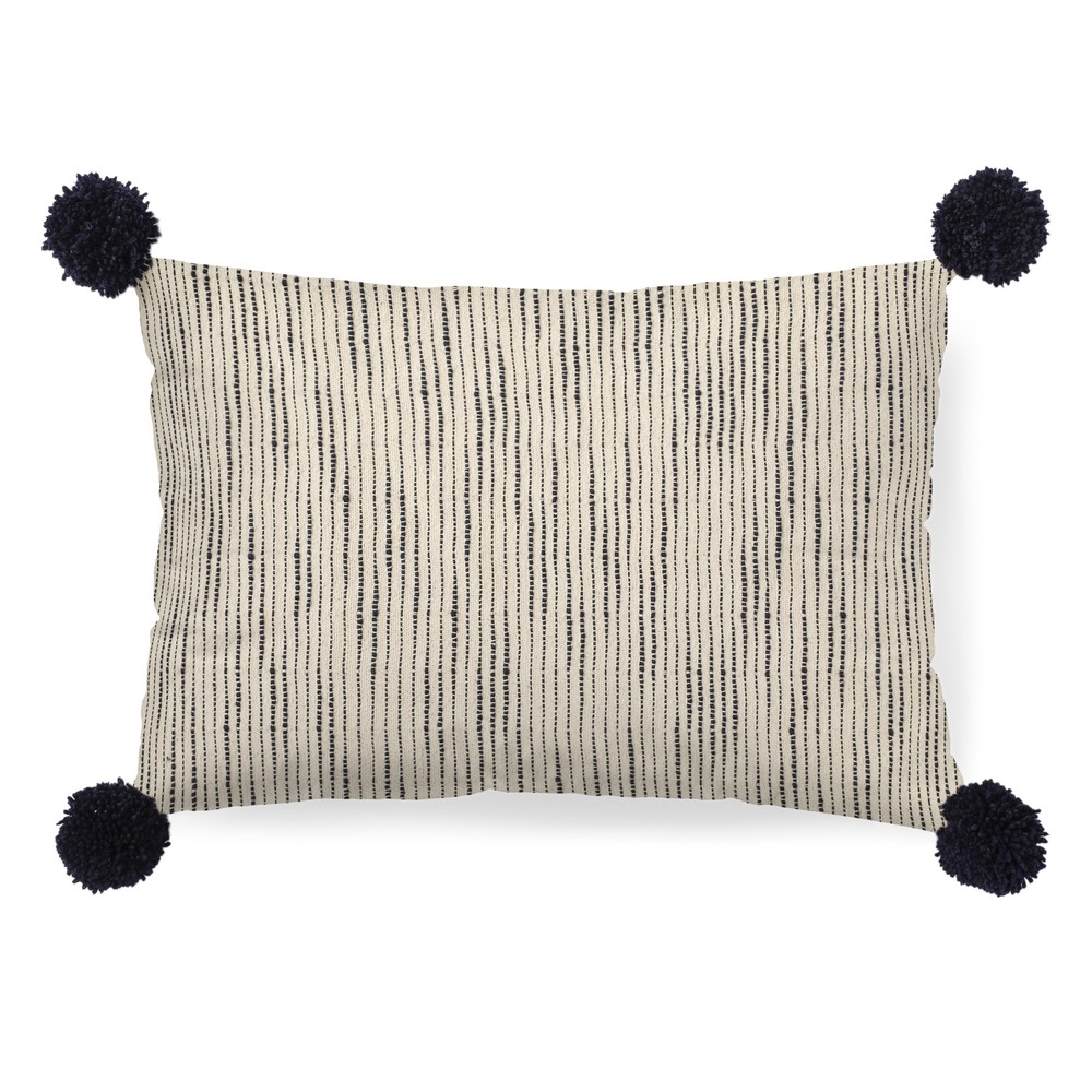 Beige and Midnight Pom Pom Lumbar Accent Pillow Cover